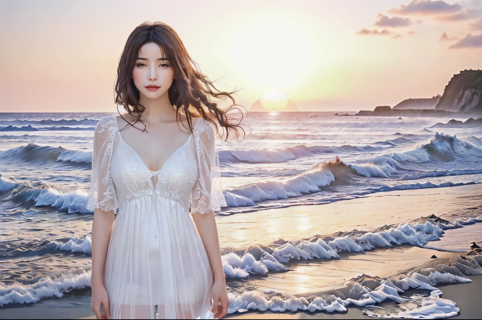 The background is the beach at sunset、mysterious beautiful woman、mysterious facial expression、looking at me、white dress、precise watercolor painting、abstract expression、fairy tale、 ((The face is realistic and beautiful)) ((highest quality)), ((high resolution 16k)), ((The background is realistic and beautiful.)), --automatic