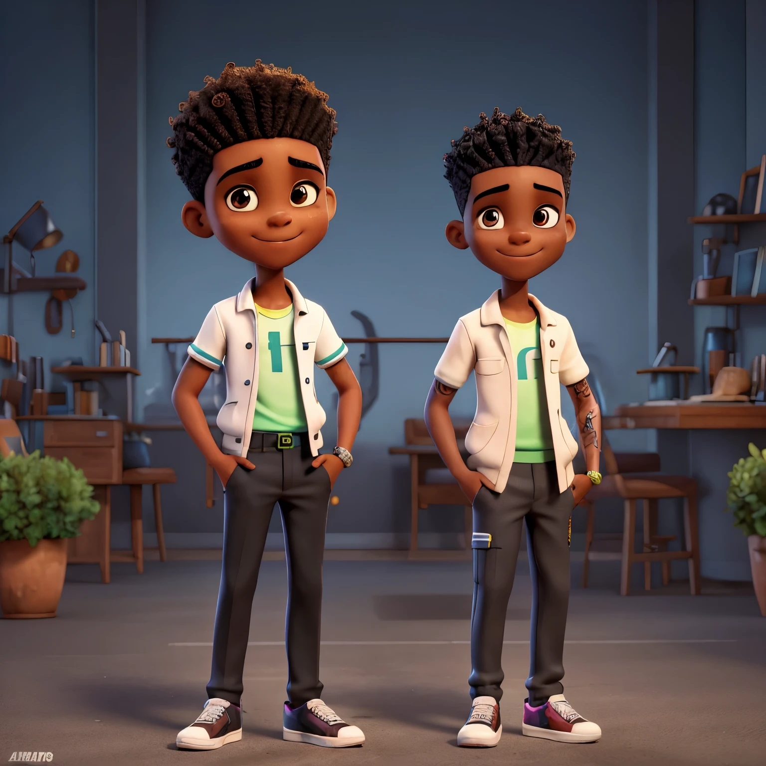 (high quality,detailed,realistic),young,smiling,slim,black boy,short afro hair,shaved sides,tattooed arm,dressed in sporty formal attire,urban background,confident expression,posing with hands in pockets,vibrant colors,soft lighting,realistic textures,modern art style
