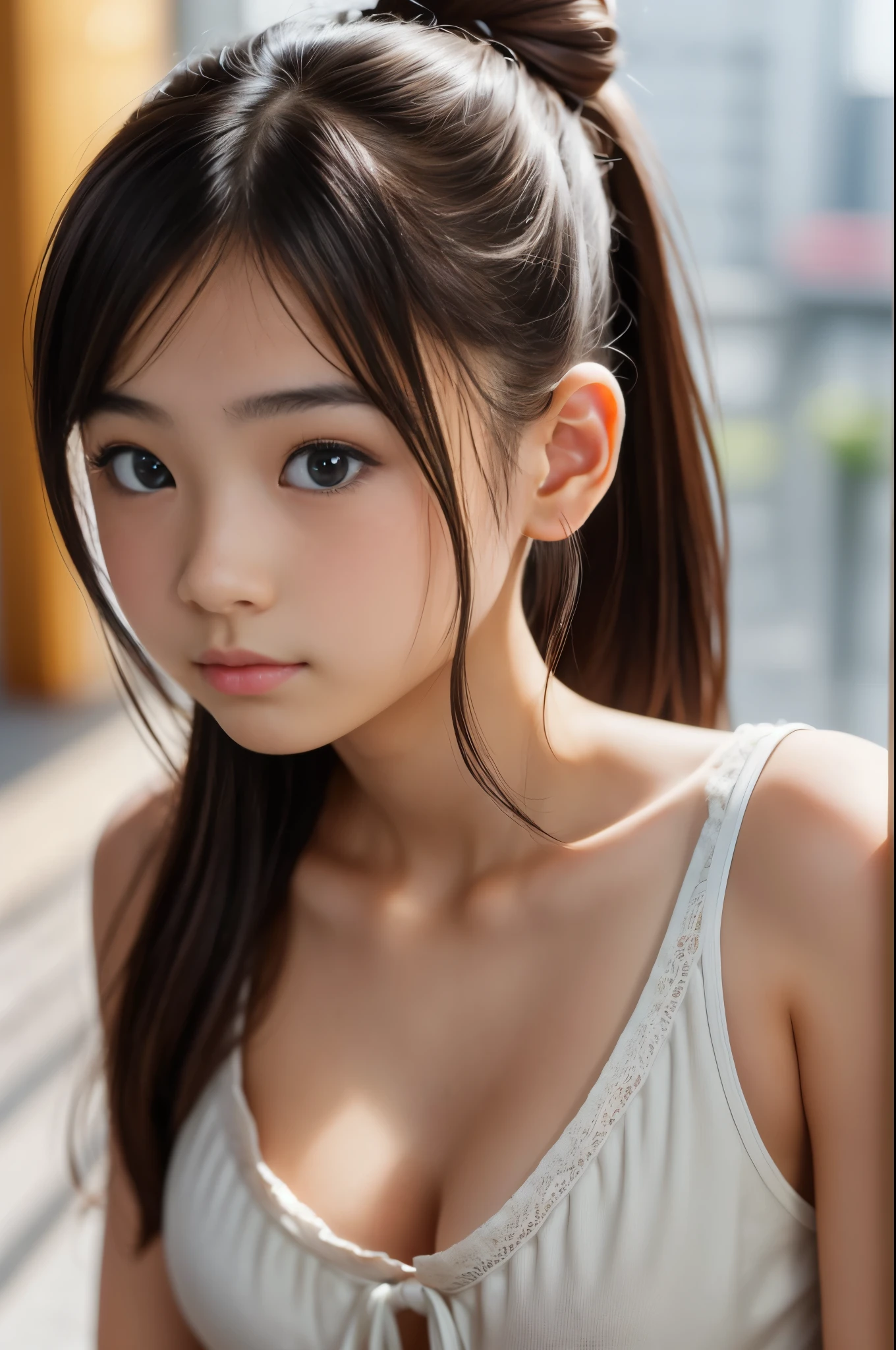 bun hair, Ultra High Resolution, (Realistic: 1.4), RAW Photo, Best Quality, (Photorealistic Stick), Focus, Soft Light, ((15 years old)), ((Japanese)), (( (young face))), (surface), (depth of field), masterpiece, (realistic), bangs, ((1 girl)), ((cleavage))
