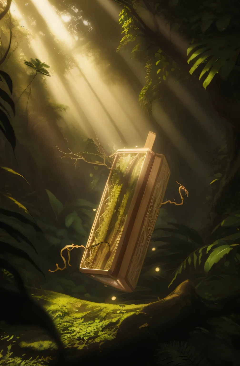 Detailed and intricate digital illustration of a lush jungle filled with exotic plants and animals,Sunlight shines through the tree canopy,Creates a mottled effect。