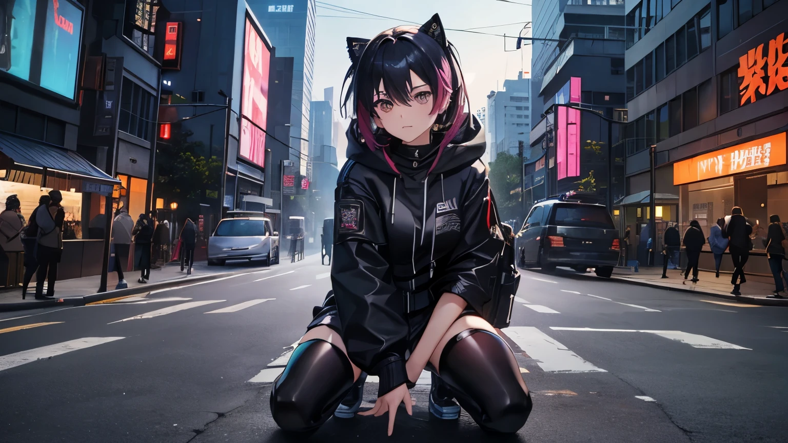 high quality、cyber punk、girl２people、mechanic、comical、anime style etc.、髪のcolorは２color、bike、leather jacket、punk coloring、city、ナイトcity、Street style、graffiti、hoodie、middle age、tall woman、military、Knee-high boots、weapons、night、二people組、teammates、The touch of the picture is black lagoon style