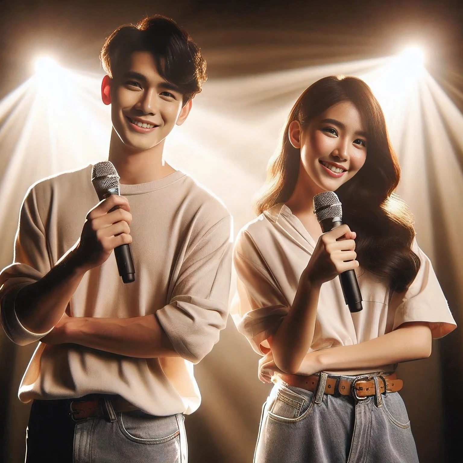 They are two people standing side by side，holding microphone in hand, official artwork, jinyoung shin, propaganda art, photo shoot, propaganda art, The album cover, doujinshi, share pictures, yanjun chengt, share pictures, share pictures, artist, Cai Xukun, Ruan Jia and Fenghua Zhong, official doujinshi, Promotion is still in progress, movie share pictures, Li Yuanbin