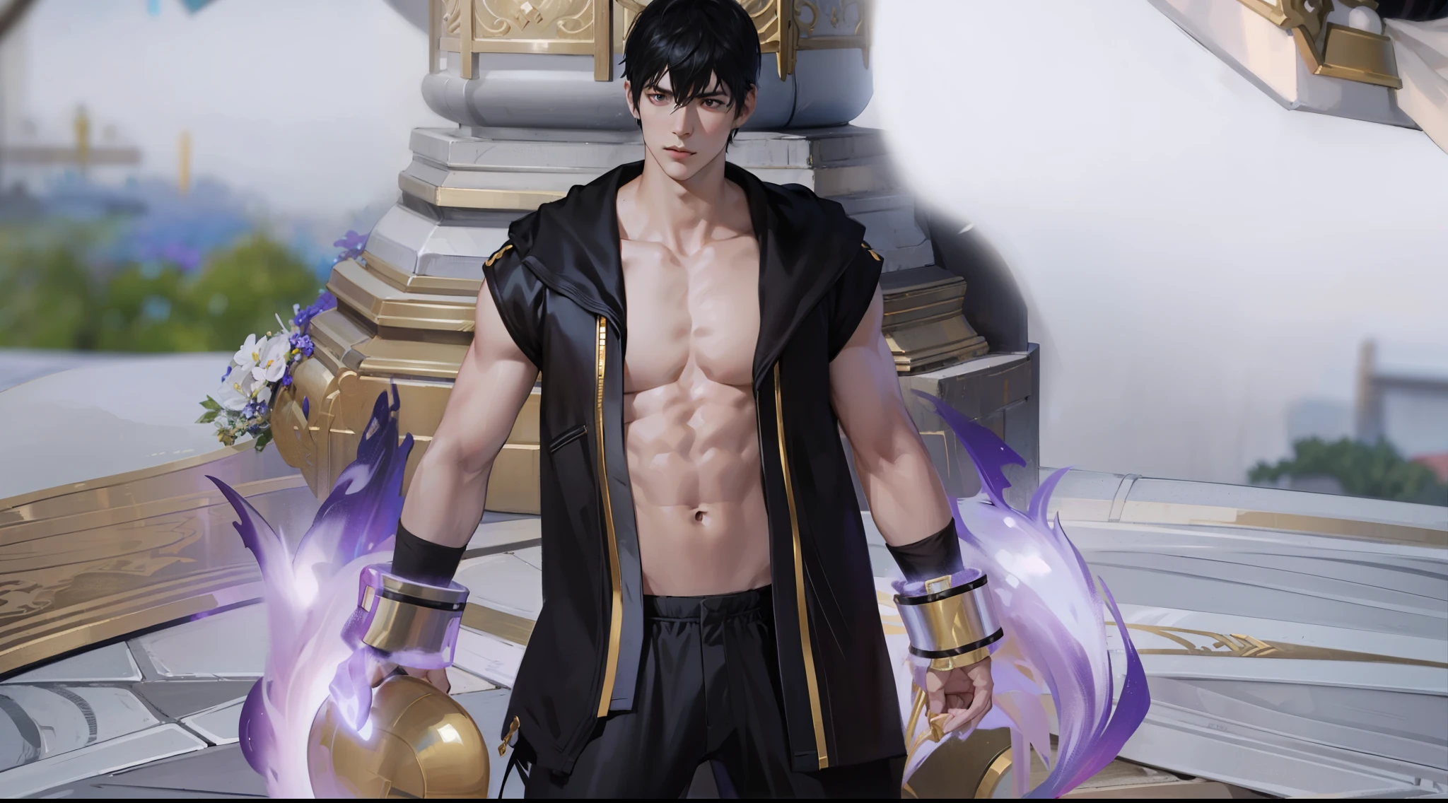 il y a un homme avec une chemise qui tient un ballon, en tant que personnage de tekken, personnage du roi des combattants, personnage de jeu de combat, morts ou vivants 6, tekken 7, fit male demon with white horns, rendering of the unreal saint seiya engine, energy of the fighting stance, Shinkiro, poser pour un combat complexe, Tsurumaki Kazuya, Nouveau personnage
