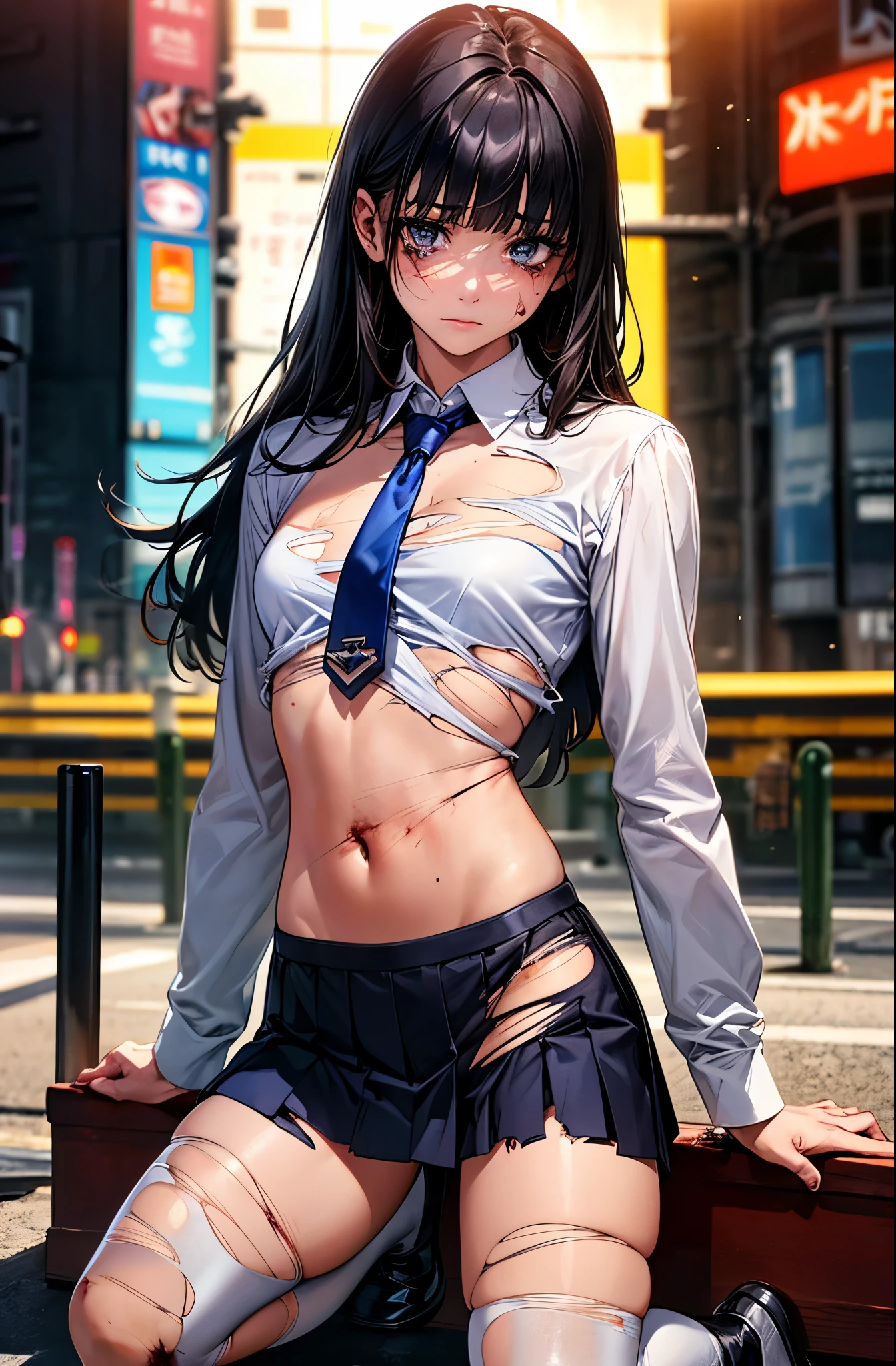 ((perfect anatomy:1.5,realistic,:1.3,RAW Photography:1.3,masterpiece、highest quality、Ultra - High resolution、High resolution、Highly detailed CG、8K)),(from adove:1.3),1 female,solo,20-year-old,beauty of japan,beautiful detailed face and eyes,big and gorgeous eyes,gray eyes,(black hair,long hair,blunt bangs), (slender body,small head:1.4, skinny,medium breasts), glowing skin,oily skin,kneeling,look up at the audience、((injury,torn clothes:1.4,Beaten bruises:1.5)),((white shirt with collar、long sleeve、navy blue tie、navy pleated mini skirt)),((white_thighhighs)),collapsed building、Shibuya Station、Shibuya Ward、Tokyo、at night、