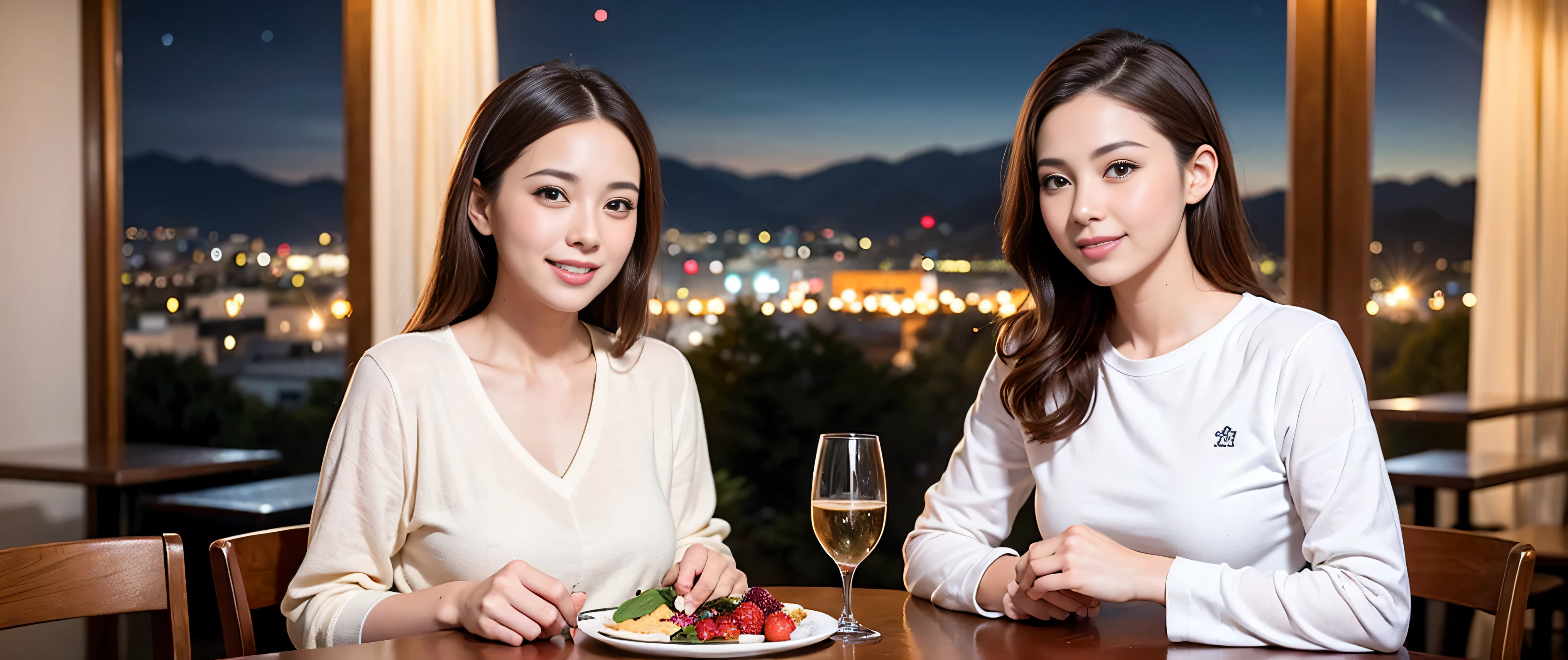 K, Hmm, highest quality, masterpiece: 1.2), (realistic, photorealistic: 1.37), Spectacular view of the sunset sky and clouds、Amazing mountain views、3 slim beauties, (slim face),Happy、 the best smile、Fox face、Berry Short、(because I'thin), (brown hair), (shortcut), long sleeve shirt、winter fashion、Colombian、Brazilian、Japanese、Dutch、German、Portuguese、Belgian、Italian、French,Champagne、sparkling wine、 (Squirting), (slim body), (brown hair), (shortcut), neat beauty、cheeks turn a little red, (35 years old), 38 years old, alone, A beautiful and detailed night view spreads out outside the window......, restaurant, wine glass is sitting, At night, in a prominent place (from the Upper body) nova frog style, actress, model, Upper body, White wine, slim, wine glass, Very beautiful night view, wine glass Put in the Middle, Happy smile, (smile: 1.15),