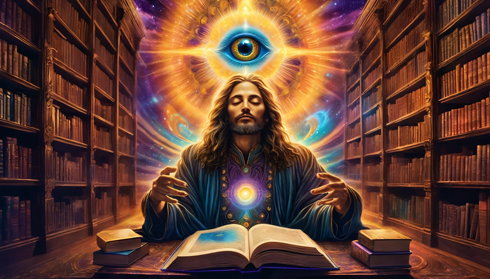 Image of an all-knowing, all-powerful God with his eyes closed in a library, 神のMagic emanates from the palm of your hand, channeling third eye energy, The area around the third eye is blue and purple.,psychedelic effects, style tomas allen kopela, Written by Adam Marcinski, Written by Kurt Roesch, aura, psychedelic therapy, dramatic art, sacred cosmic power, Charge up mysterious energy,Magic emanates from the palm of your hand