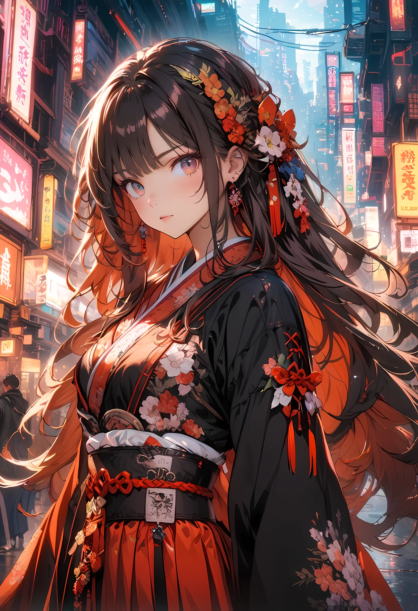 Game cover art:1.5), (masterpiece:1.2), (best quality:1.2), best quality, ridiculous, 8k wallpaper, high dynamic range, Well-designed features, Beautiful complex eyes, Ray tracing, perfect face,Chest, official illustration, illustration, Detailed face, 1 girl, alone, Online Hanfu, long sleeve, Chinese_clothing, red and black, cyberpunk city, dynamic poses, hat, hair accessories, long hair, cyberpunk, 一座高science and technology城市, Full of mechanical and futuristic elements, Futurism, science and technology, Extreme beauty and intricate details
