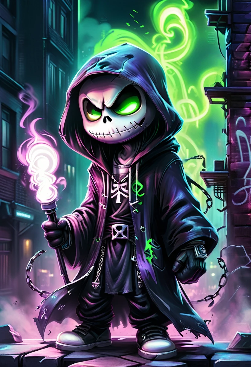 color field painting, sense of depth and intrigue, digital brushstrokes,
A striking illustration of Jack the Reaper, the main character from The Grim Adventures of Billy & Mandy, standing confidently on a dark, gritty urban rooftop. He is dressed in a hooded robe, exuding an air of mystery as he holds a glowing microphone with a swagger. His piercing neon green eyes capture your attention, while the eerie atmosphere surrounding him creates a captivating ambiance. The background shows towering buildings enveloped in a mysterious purple haze, adorned with graffiti art of ghostly figures and ominous symbols. The blend of urban street culture and supernatural elements is evident, with the text "REAPER RAPPER'S DELIGHT" graffitied on the wall, expressing the character's dominance in this realm., graffiti, illustration, dark fantasy, typography
Art by Giovanni Boldini, Bastien Lecouf-Degarme, Carn Griffiths, E. Abramzon, Raphael, Caravaggio, Coby Whitmore, Titian, Leonardo da Vinci,