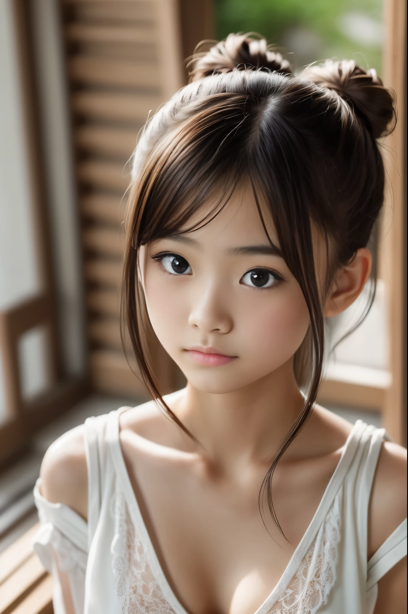 bun hair, Ultra High Resolution, (Realistic: 1.4), RAW Photo, Best Quality, (Photorealistic Stick), Focus, Soft Light, ((15 years old)), ((Japanese)), (( (young face))), (surface), (depth of field), masterpiece, (realistic), bangs, ((1 girl)), ((cleavage))
