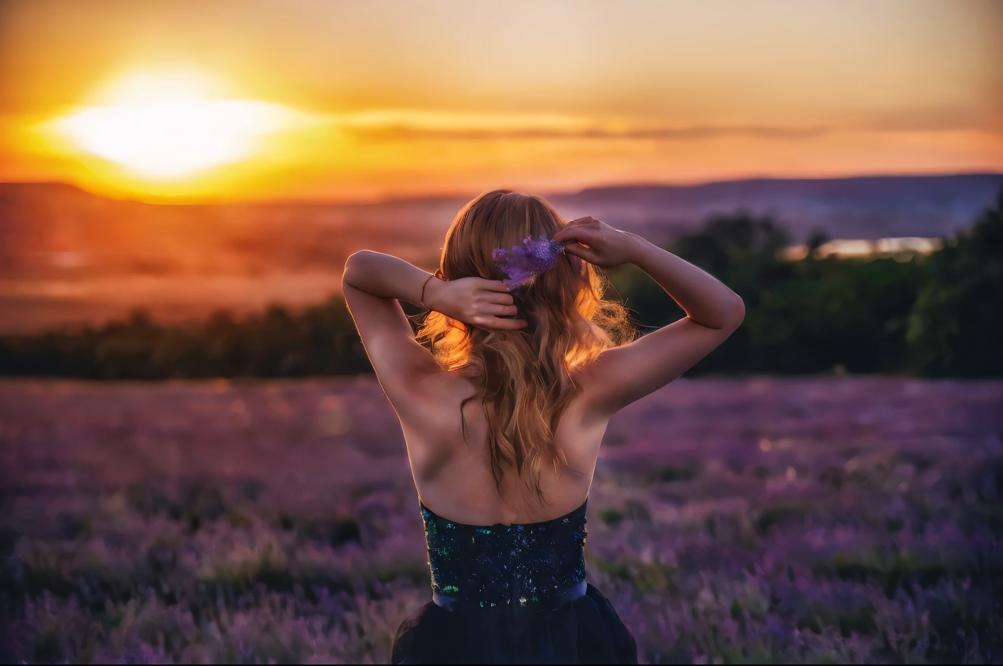 The background is the beach at sunset、mysterious beautiful woman、back view、white dress、precise watercolor painting、abstract expression、fairy tale、 ((The face is realistic and beautiful)) ((highest quality)), ((high resolution 16k)), ((The background is realistic and beautiful.)), --automatic