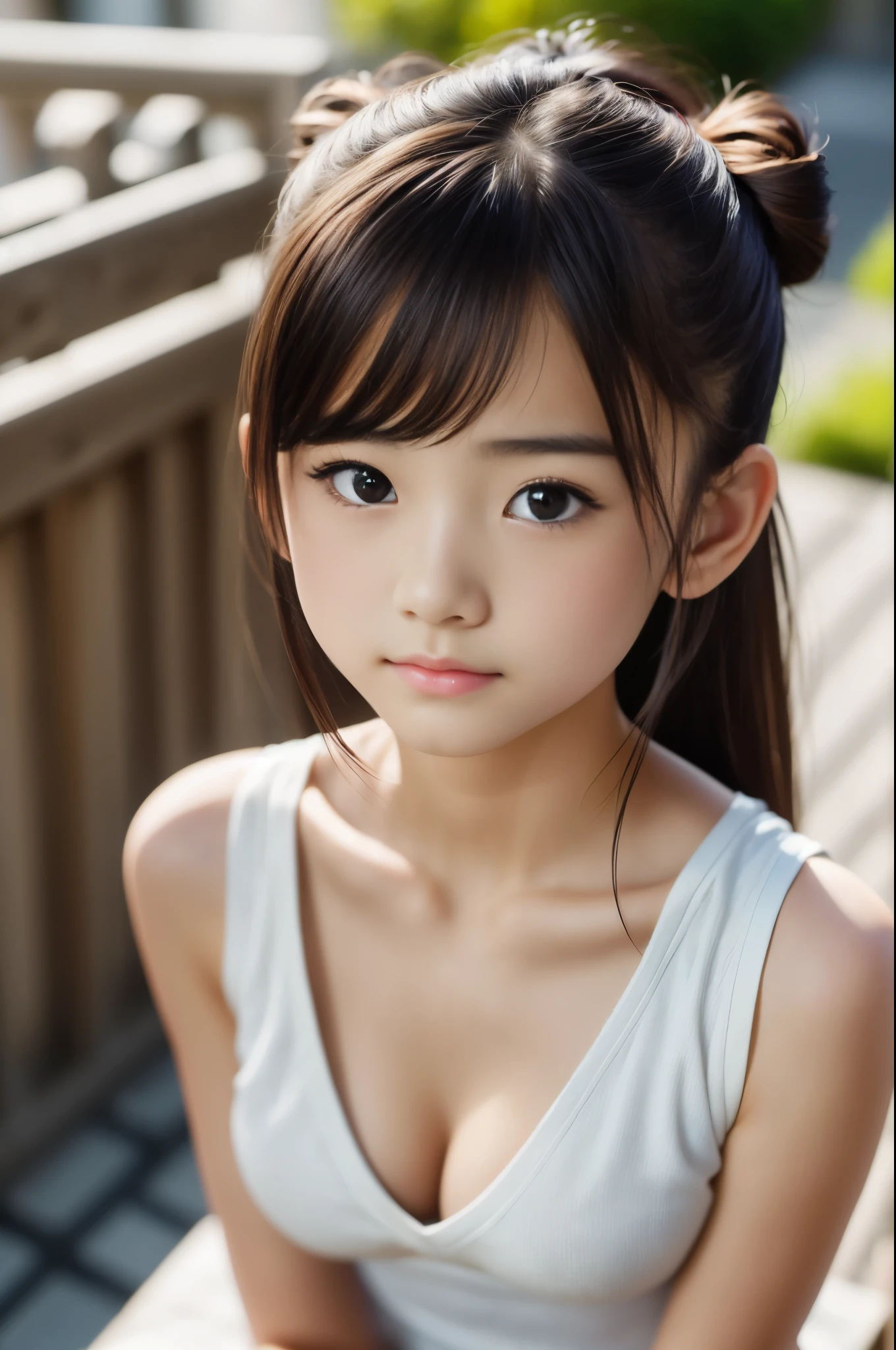 bun hair, Ultra High Resolution, (Realistic: 1.4), RAW Photo, Best Quality, (Photorealistic Stick), Focus, Soft Light, ((15 years old)), ((Japanese)), (( (young face))), (surface), (depth of field), masterpiece, (realistic), bangs, ((1 girl)), ((cleavage))
