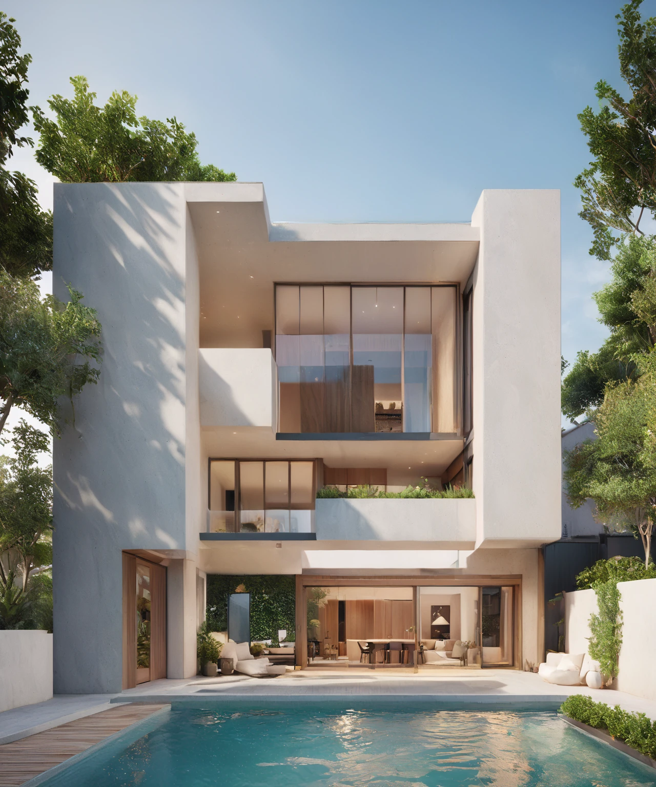 a rendering of a modern house, vivid),Masterpiece,best quality, authentic, super detail, residential design, architectural render, architectural illustration, 3d vray render, vray render, inter dimensional villa, overall architectural design, exterior design, architectural rendering, render vray, mid-view, modern minimal design, d render, architectural concept, vray rendering