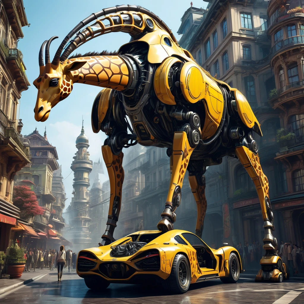 Racing Car, aesthetic, extremely detailed, a futuristic giant racing car shaped like a tall huge mechanical giraffe, people within its body. It uses its mechanical legs to move like a giant robot instead of regular wheels, detailed matte painting, deep color, fantastical, intricate detail, splash screen, complementary colors, fantasy concept art, 8k resolution trending on Artstation Unreal Engine 5