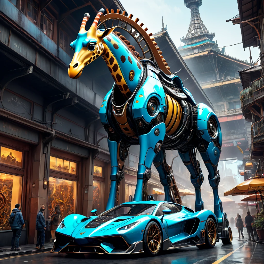 Racing Car, aesthetic, extremely detailed, a futuristic giant racing car shaped like a tall huge mechanical giraffe, people within its body. It uses its mechanical legs to move like a giant robot instead of regular wheels, detailed matte painting, deep color, fantastical, intricate detail, splash screen, complementary colors, fantasy concept art, 8k resolution trending on Artstation Unreal Engine 5