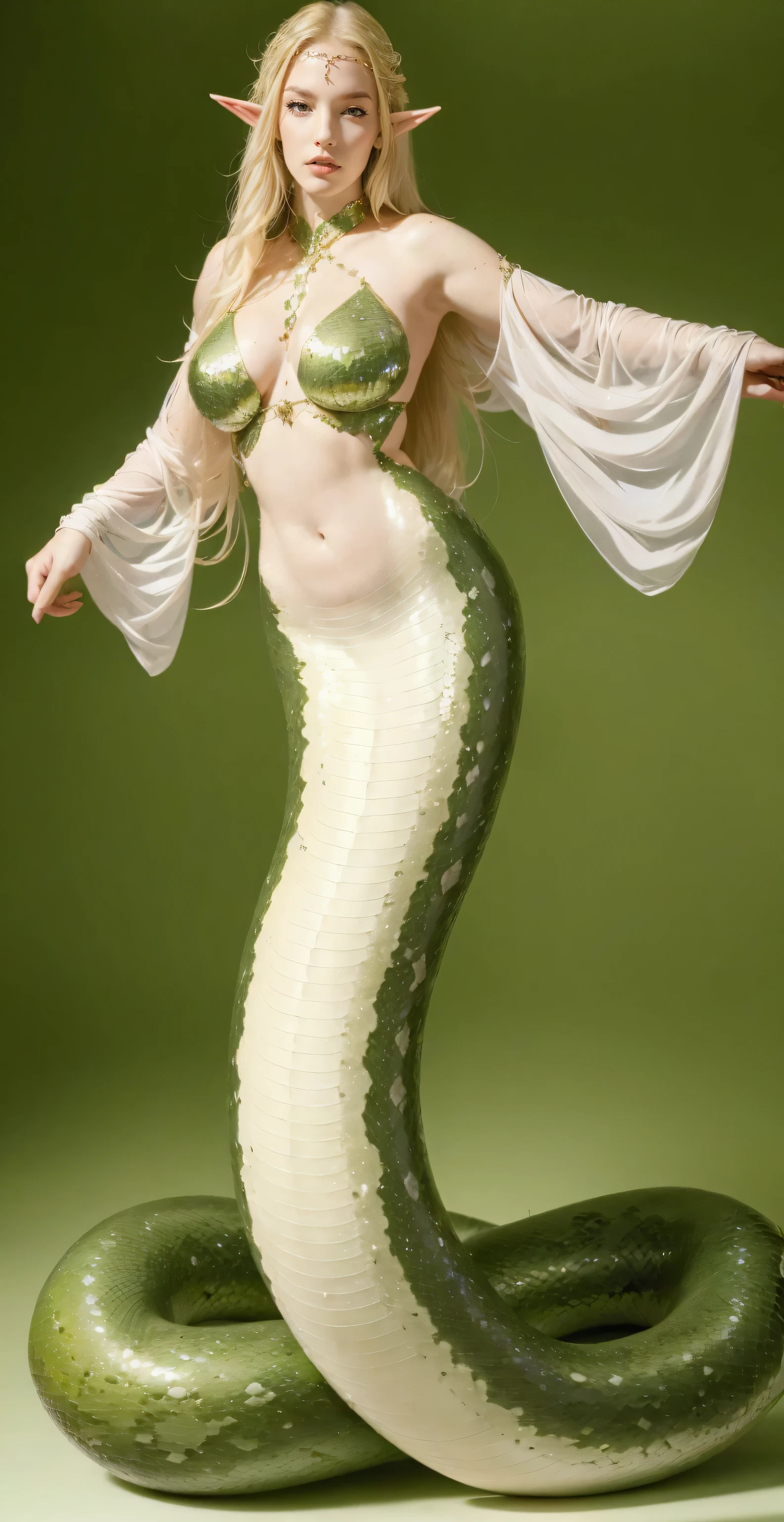 （（masterpiece，best quality，Ultra-clear，original photo，Extremely detailed CG，8K）），Lamia，（Slender snake tail：1.3），Beautiful elf girl，long green hair，exquisite eyes，Detailed face，Detailed hands，Smooth and delicate skin，skin glow，（Big breasts and thin waist），beautiful snake scales，High resolution，（super detailed：1.4），（lifelike：1.2），witch，imagine，full-body shot