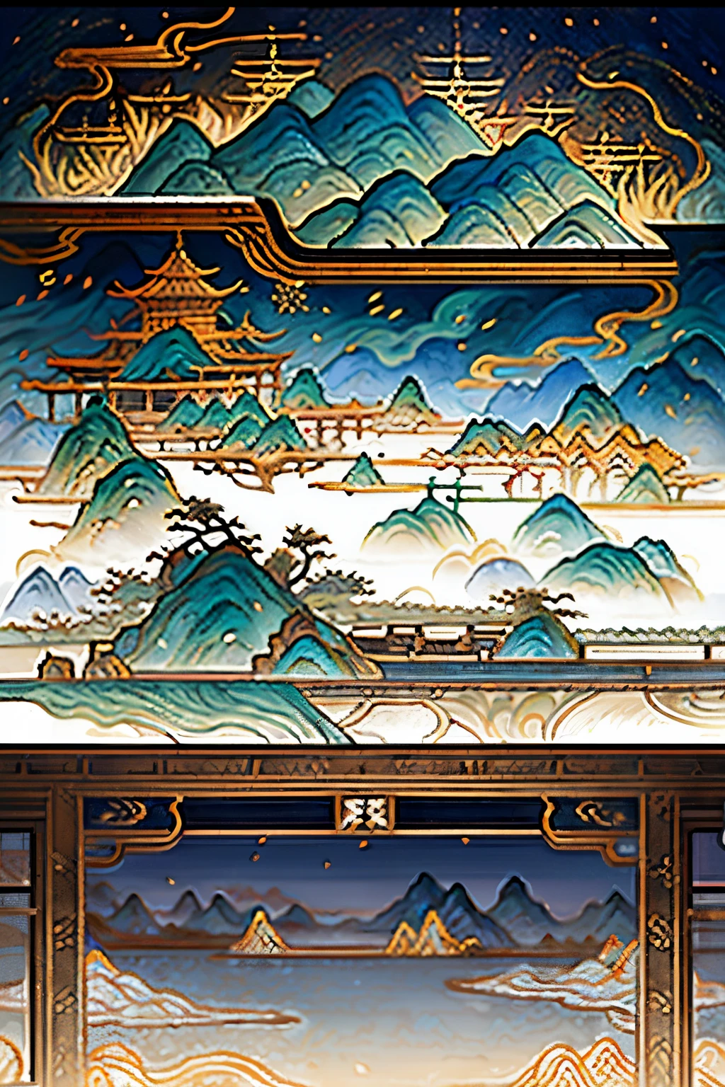 a chinese painting, Chinese background, Mountain, river, Xiangyun, exhibition hall, Sunlight, masterpiece, Super details, epic work, ultra high definition, high quality, Very detailed, official art, unified 8k wallpaper, Super details, 32k -- v 6