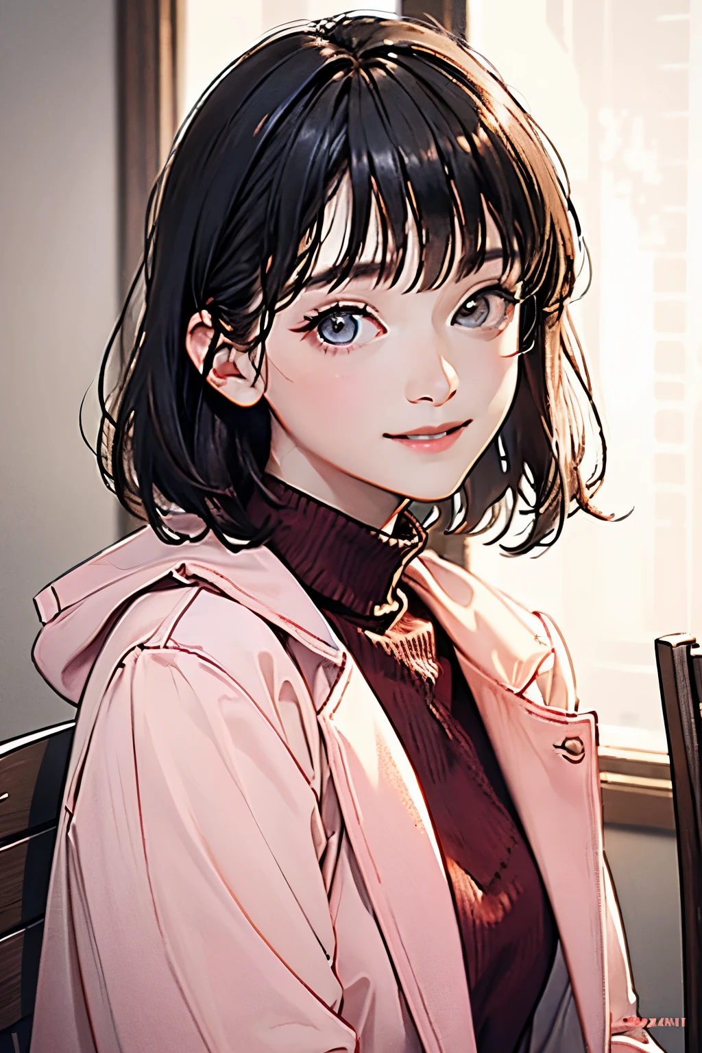 1 girl in, (red turtleneck sweater, Wearing a pink coat:1.2), (original photo, best quality), (actual, Realism:1.4), on the table, extremely delicate and beautiful, Very detailed, 2k wallpaper, Astonishing, fine details, Extremely detailed CG Unity 8K wallpapers, Super detailed, high resolution, soft light, Beautiful and delicate girl, Extremely detailed eyes and face, Beautiful and detailed nose, Beautiful and delicate eyes, short hair,
movie lighting, winter scene, perfect anatomy, slender figure, Smile
