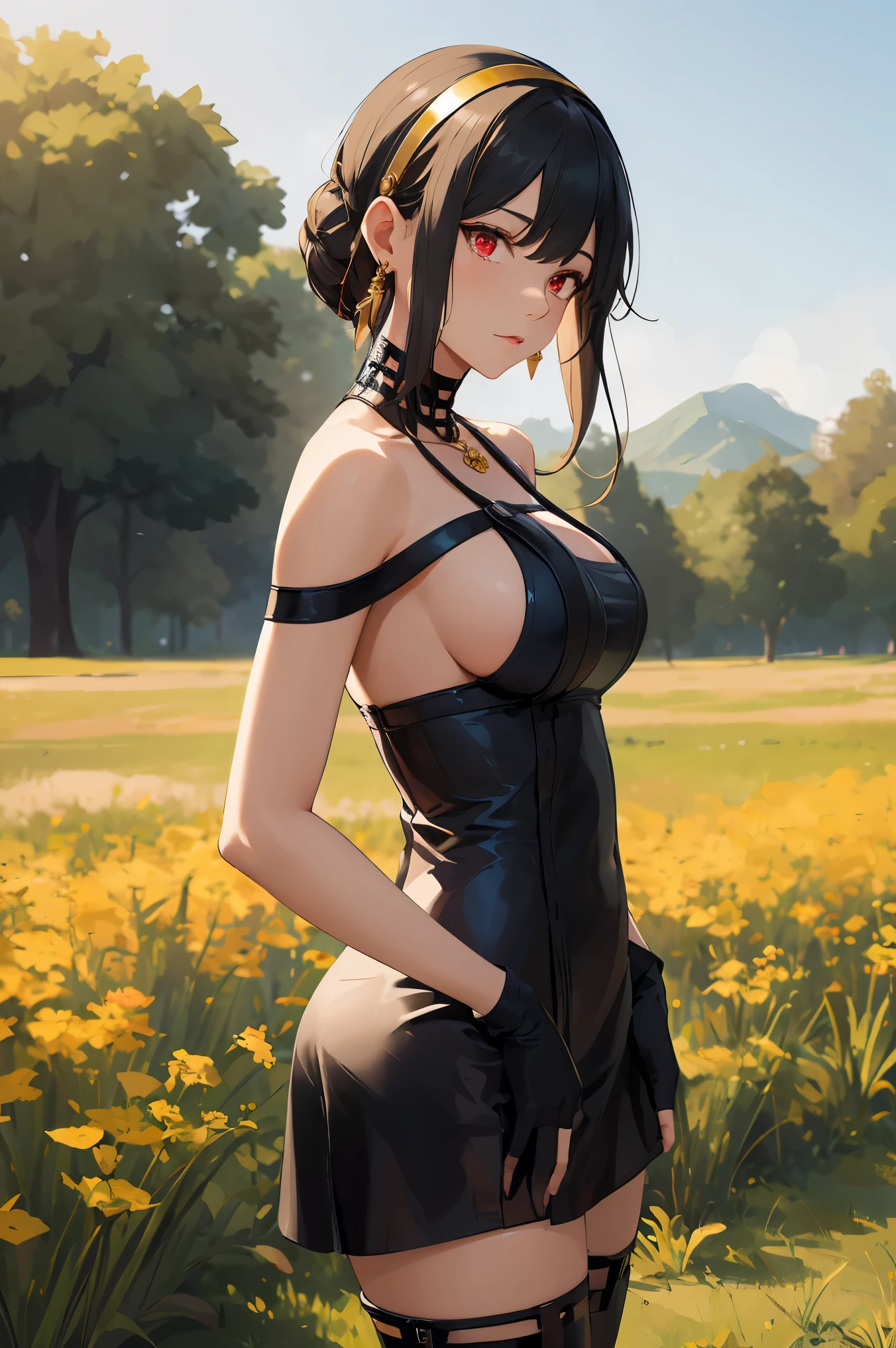 Masterpiece, Best quality, A high resolution, Ajof, side locks, golden hairband, hair adornments, Red eyes, gold earring, Large breasts, choker necklace, Bare shoulders, Black dress, two-sided dress, Fingerless gloves, thigh boots, Cowboy shot, standing, Field, From the side Side,