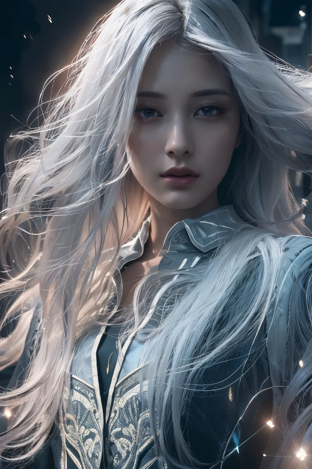 (fantasy art photos, Realistic photos, 1 Girl in the dark, dream face, Deep shadows, Understated luxury, poster style, 4K) + (Detailed face, dynamic lighting, dark texture, formal (wearing formal wear: 1.4), long white hair, denim photo) + (gorgeous volumetric lighting, Full of surreal artistic sense)
