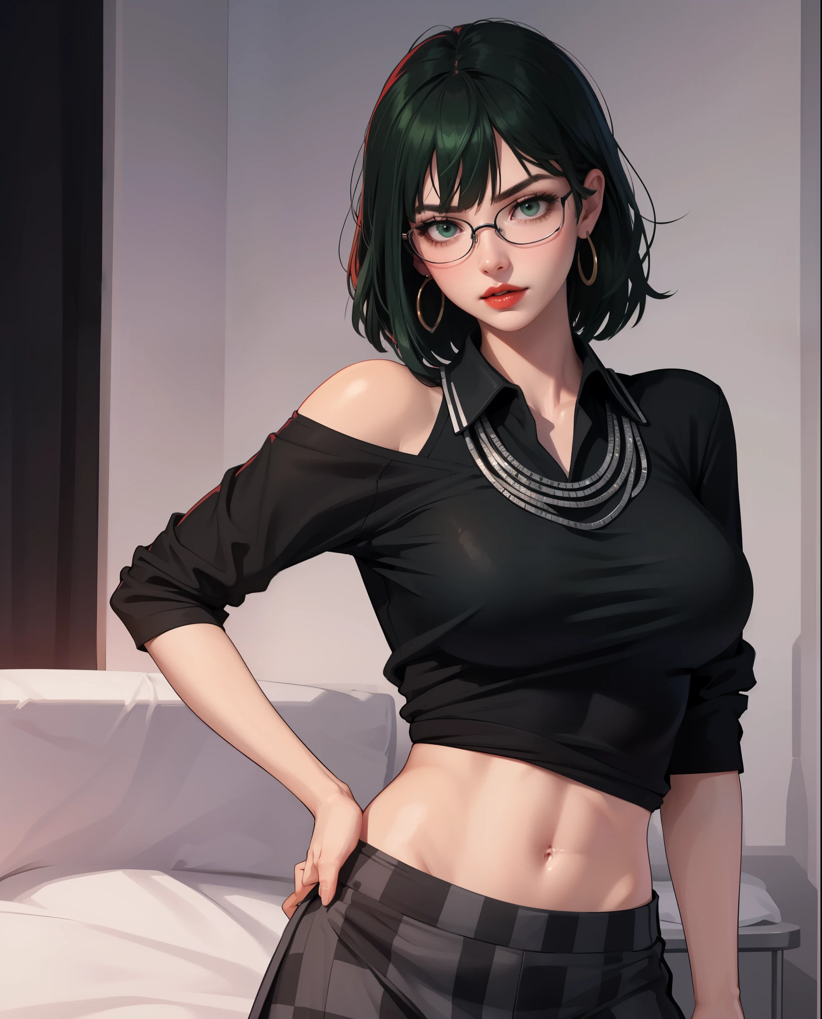 Girl, red lips, green hair, big , shorts hair, black hair colors, black glasses colors, wearing earrings, wearing a necklace, fair skin, eyes look to the front, purple shirt clothes colors, purple checkered skirt colors, stand pose, left hand supports the head pose, sexy pose, elegant pose, sexy body, beautiful girl, in room realistic