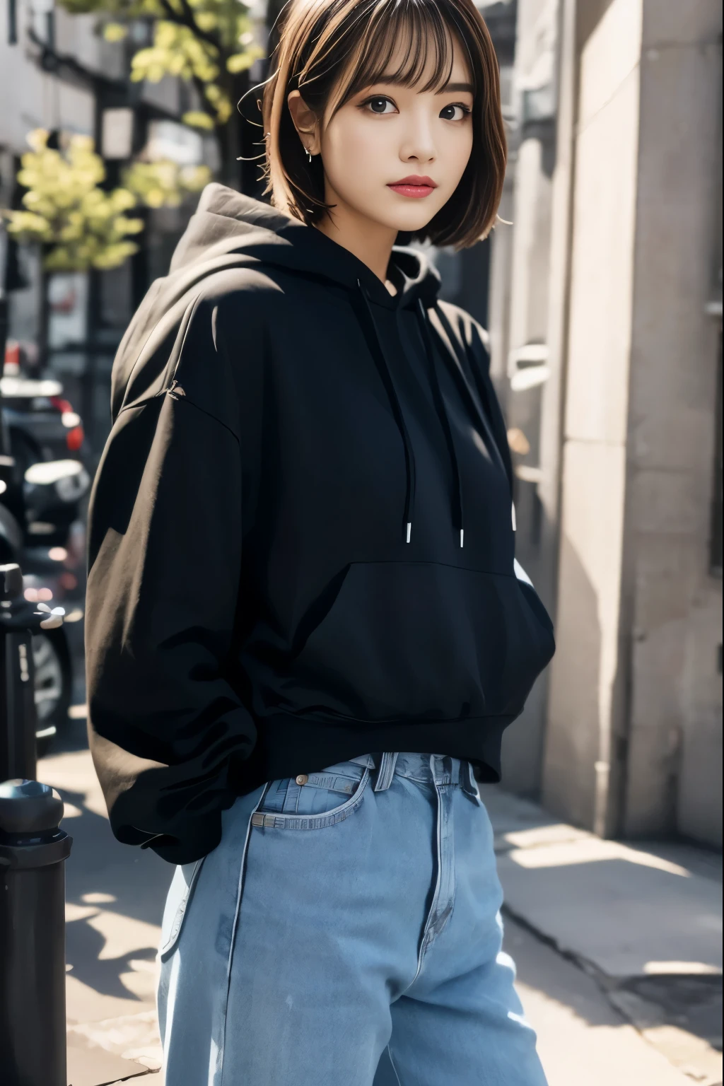 black hoodie:1.3, denim pants:1.2, medium bob