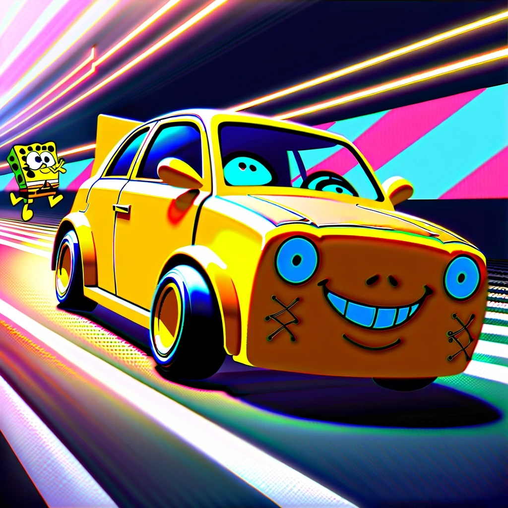 masterpiece, best quality, 4K, Spongebob drives a racing car with a happy crowd, Crafted Swiss Cheese Wheels, Spongebob’s iconic square pants as part of the body, Provide unique visual effects, Concept art inspired by Cornelisz Hendriksz Vroom, Combining elements of reality and fantasy, Represents an alternative portrayal of Spongebob in the real world, Rendering using Cycle4d，Delivers fine detail and realistic lighting, Capture the moment when the front wheel lifts off, symbolizing speed and passion