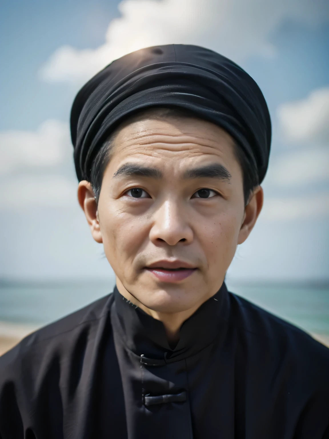 Highly realistic photo, ((masterpiece), (best quality), (raw photo), (photorealistic:1.4), Portrait of Vietnamese old man, 70 years old, ((black aodai)), ((black head scarf)), ((light blue background)) , photo taken by Sony A7IV
