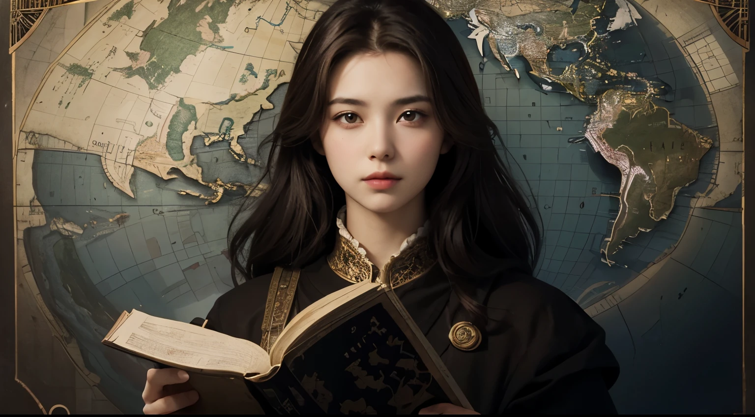 A beautiful woman stands with one hand on an ancient document and looks at the camera with a serious expression. Twenty years old. Dark brown hair. A map depicting a legendary continent exists in the space behind her.