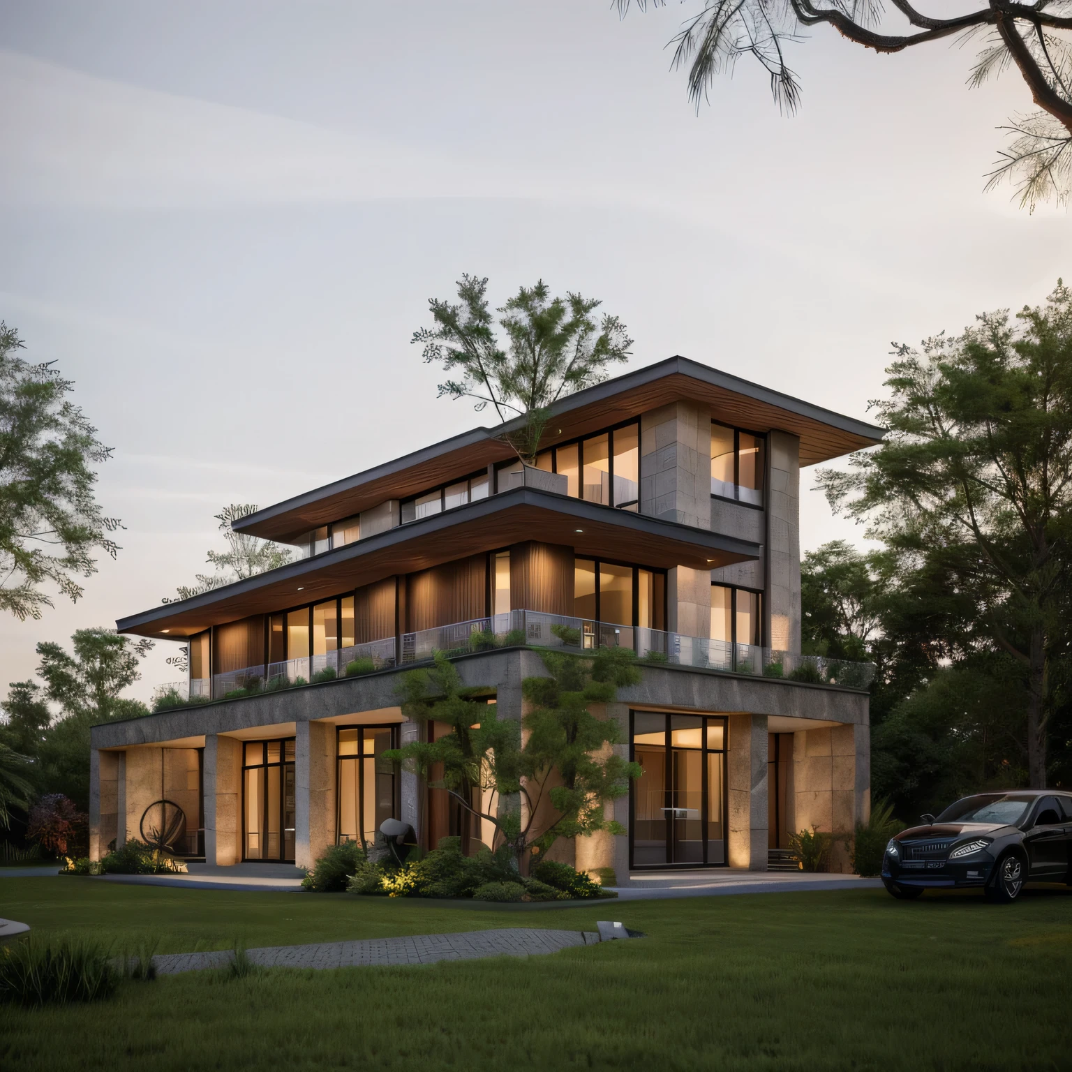 RAW photo,Masterpiece, high quality, best quality, authentic, super detail, 
A modern style villa in the country, modern house with (white wall:1.2), stone, glass windows, (wooden ceiling:1.1), railing glass, fence, (curve:1.1),tropical trees, Balcony climbing plant,(sunset), beautifu sky, (high detailed :1.2), 8k uhd, dslr, soft lighting, high quality, film grain, Fujifilm XT3