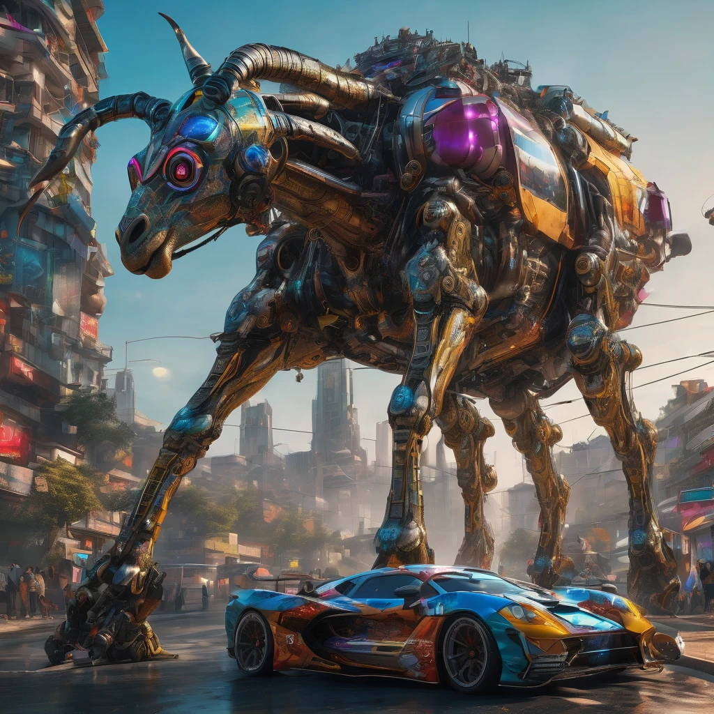 Racing Car, aesthetic, extremely detailed, a futuristic giant racing car shaped like a tall huge mechanical giraffe, people within its body. It uses its mechanical legs to move like a giant robot instead of regular wheels, detailed matte painting, deep color, fantastical, intricate detail, splash screen, complementary colors, fantasy concept art, 8k resolution trending on Artstation Unreal Engine 5