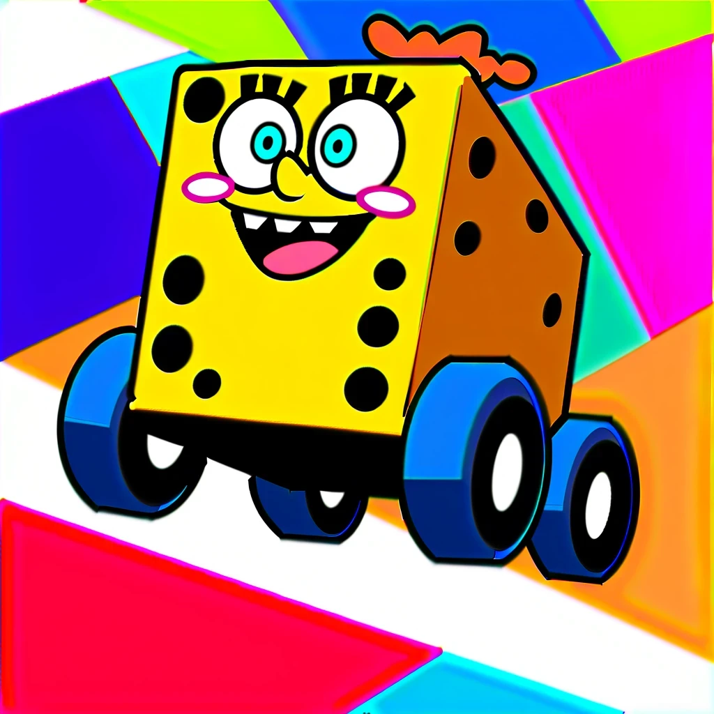 Describe a scene from SpongeBob SquarePants'Adventure trip,He is wearing black gloves,Drive a unique four-wheeler,feel like you'Taking part in a monster truck race。The background is dark blue,embellished with unique accents,Add energy and fun。SpongeBob and his friend Patrick join forces in this exciting racing game,Their laughter and excitement infected every audience member。