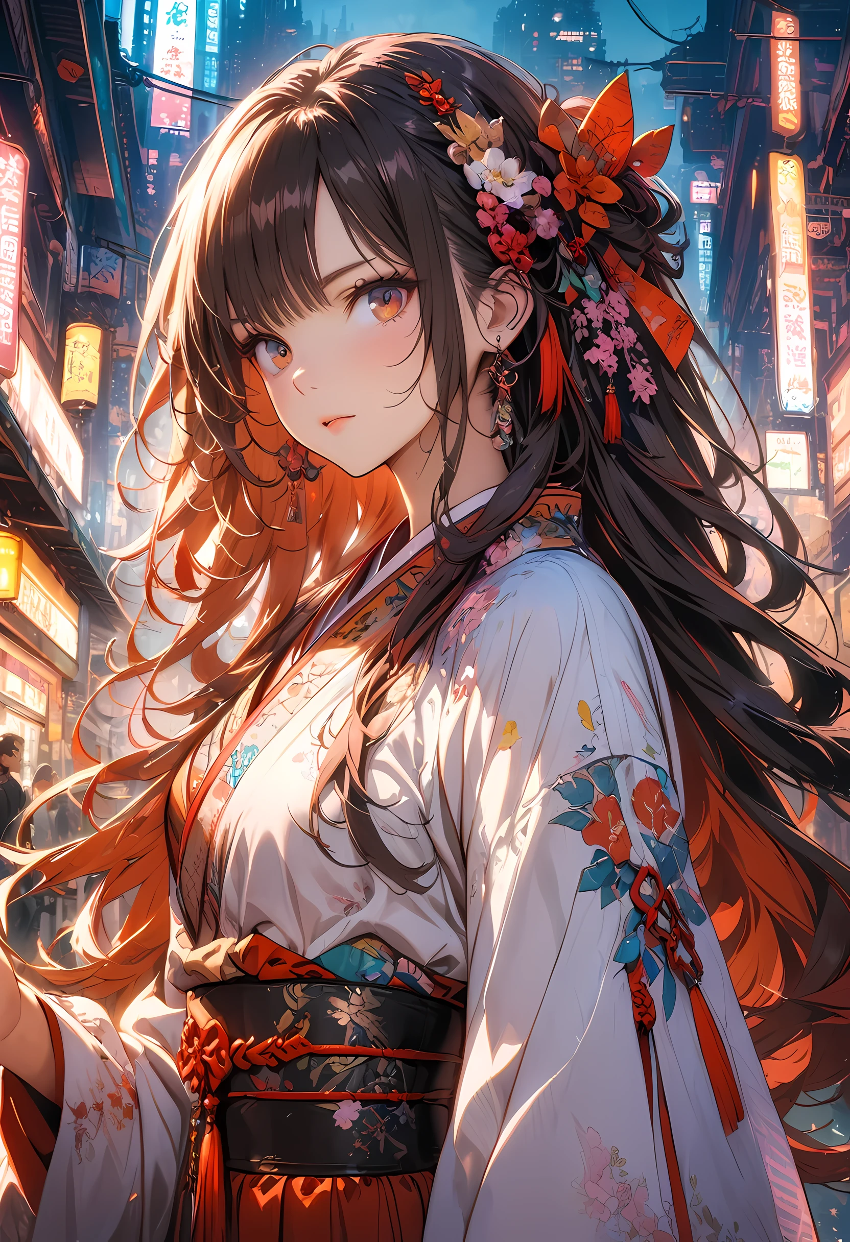 Game cover art:1.5), (masterpiece:1.2), (best quality:1.2), best quality, ridiculous, 8k wallpaper, high dynamic range, Well-designed features, Beautiful complex eyes, Ray tracing, perfect face,Chest, official illustration, illustration, Detailed face, 1 girl, alone, Online Hanfu, long sleeve, Chinese_clothing, red and black, cyberpunk city, dynamic poses, hat, hair accessories, long hair, cyberpunk, 一座高science and technology城市, Full of mechanical and futuristic elements, Futurism, science and technology, Extreme beauty and intricate details