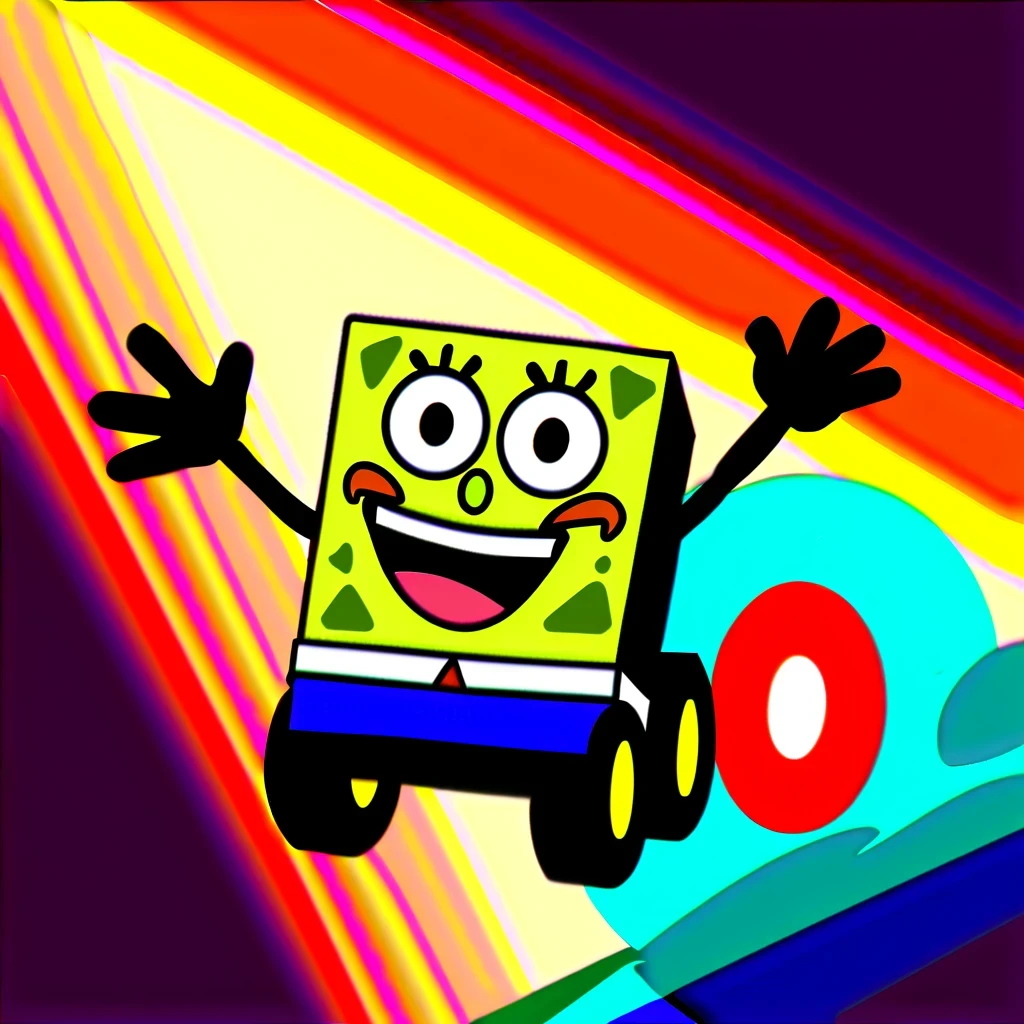 Describe a scene from SpongeBob SquarePants&#39;Adventure trip，He is wearing black gloves，Drive a unique four-wheeler，feel like you&#39;Taking part in a monster truck race。The background is dark blue，embellished with unique accents，Add energy and fun。SpongeBob and his friend Patrick join forces in this exciting racing game，Their laughter and excitement infected every audience member。

