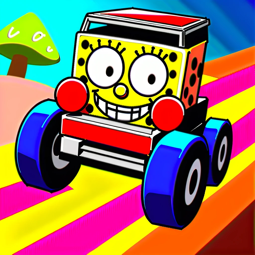 Describe a scene from SpongeBob SquarePants'Adventure trip,He is wearing black gloves,Drive a unique four-wheeler,feel like you'Taking part in a monster truck race。The background is dark blue,embellished with unique accents,Add energy and fun。SpongeBob and his friend Patrick join forces in this exciting racing game,Their laughter and excitement infected every audience member。