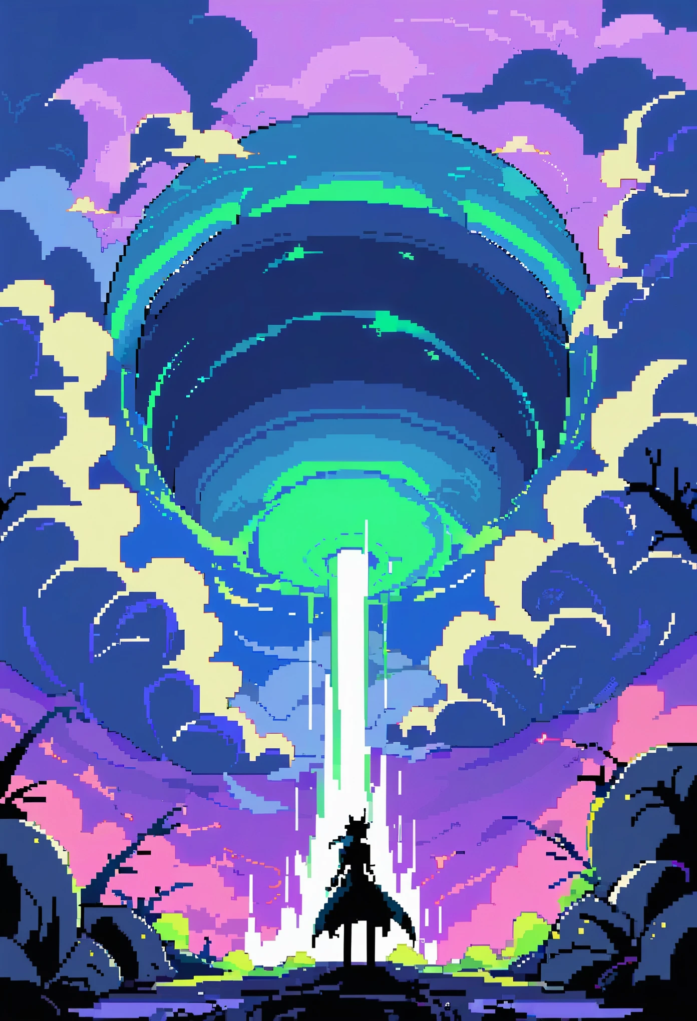 (Greenish-purple,coloring scheme:1.4)(best quality,4K,8K,high resolution,masterpiece:1.2),Radiation and volcanic eruptions, ((Smoke shaped like a rose))In the crater， creating a surreal ambiance. bathe in moonlight, Volcanic eruption casts eerie light on swirling smoke in the air. pixel art