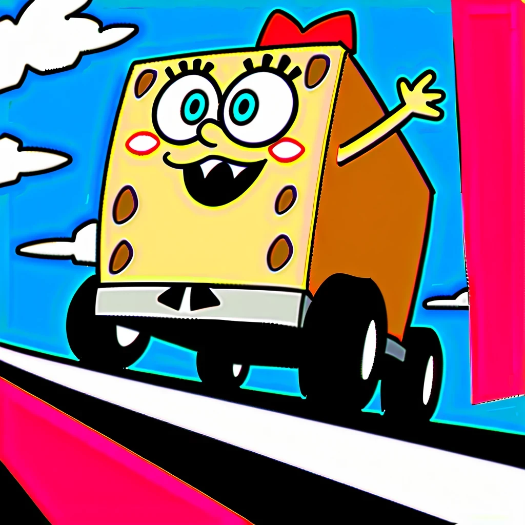 on the screen,Spongebob and patrick on a four wheeler,Spongebob wearing black gloves,hold the steering wheel tightly,Faces filled with smiles and excitement。Patrick sits behind him,Looks very happy too。The background is blue sky and runway,Track lines and tire tracks intertwined,Create strong visual contrast。