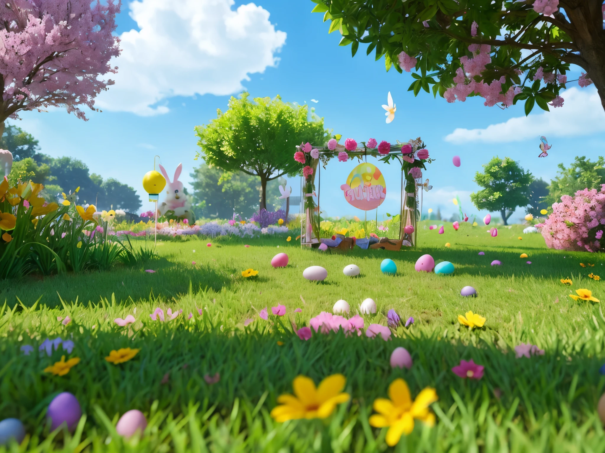 easter banner,Easter atmosphere,There are Easter eggs scattered in front of the screen,There are flowers and plants in front of the screen,There are trees around