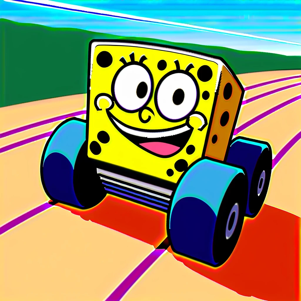 on the screen,Spongebob and patrick on a four wheeler,Spongebob wearing black gloves,hold the steering wheel tightly,Faces filled with smiles and excitement。Patrick sits behind him,Looks very happy too。The background is blue sky and runway,Track lines and tire tracks intertwined,Create strong visual contrast。