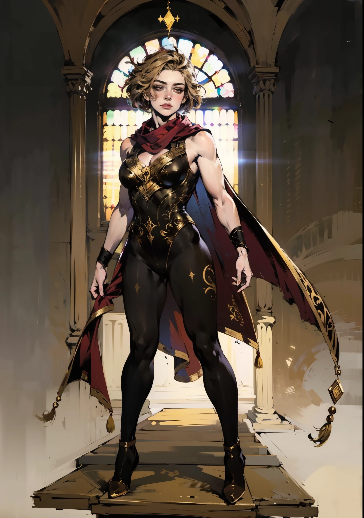 A ager girl with short brown hair, delicate features, a focused gaze, a determined expression, she has a petite figure akin to a gymnast, adorned with a long flowing cape-like scarf in red and yellow hues, a fantasy-realism-style gymnastics leotard with a long hemline attached, paired with matching leggings, ((black as the main color, complemented by red and yellow accents)), (she poised on a vast stage enveloped in mystery, she emitting a sacred glow in the dim environment), this character embodies a finely crafted fantasy-realism-style dancer in anime style, exquisite and mature manga art style, perfect body, porcelain skin, high definition, best quality, highres, ultra-detailed, ultra-fine painting, extremely delicate, professional, anatomically correct, symmetrical face, extremely detailed eyes and face, high quality eyes, creativity, RAW photo, UHD, 32k, Natural light, cinematic, masterpiece-anatomy-perfect, masterpiece:1.5