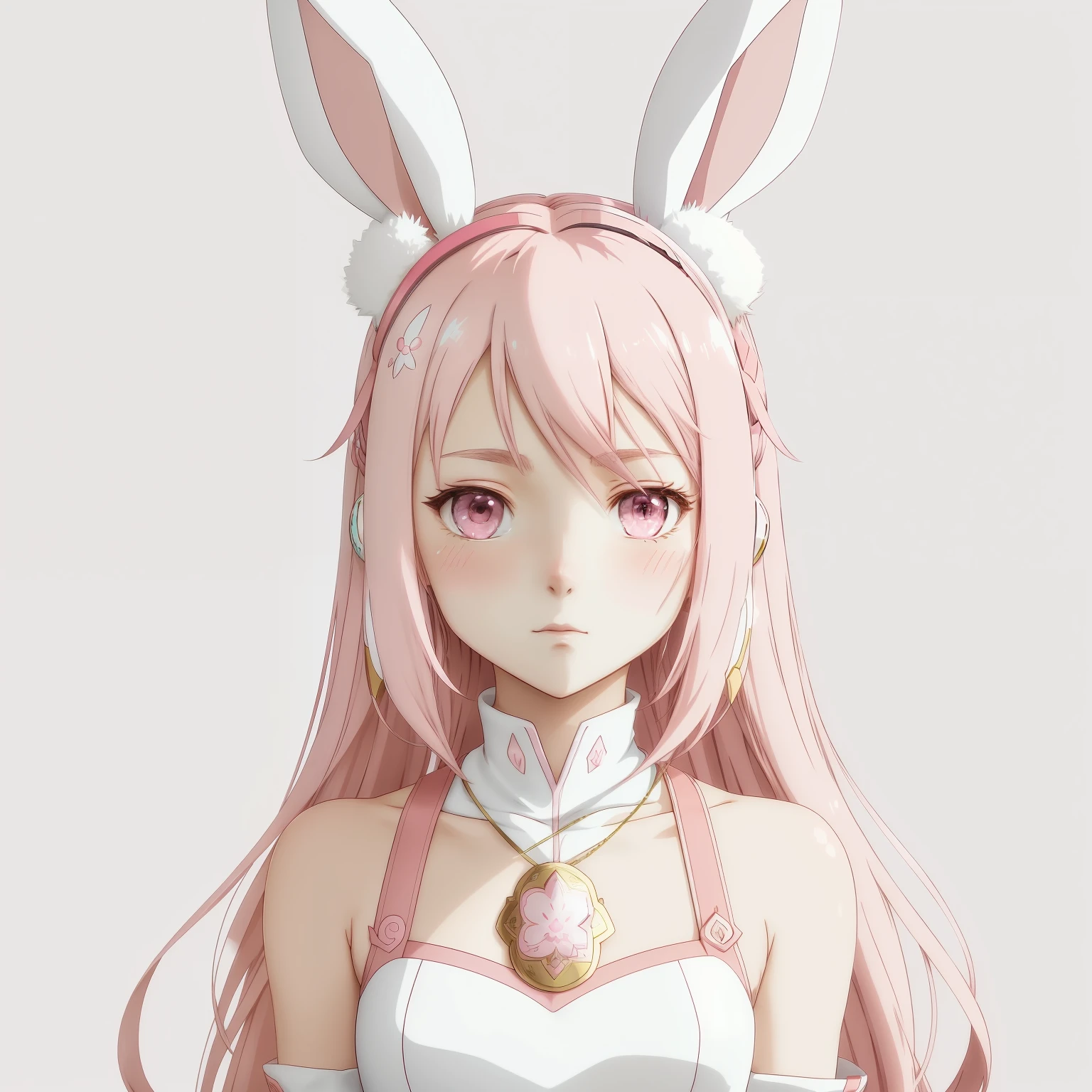 Picture a captivating anime avatar with pink hues, adorned with playful bunny ears. The pink color palette exudes a sense of innocence and cuteness. Each strand of hair on the bunny ears is meticulously detailed and illustrated with delicate strokes. The avatar's expression is calm and serene, invoking feelings of comfort and tranquility. Despite its cute appearance, the avatar possesses a unique charm that sets it apart in the anime world. The soft pink color, along with the bunny ears, creates a memorable and engaging character that leaves a lasting impression.