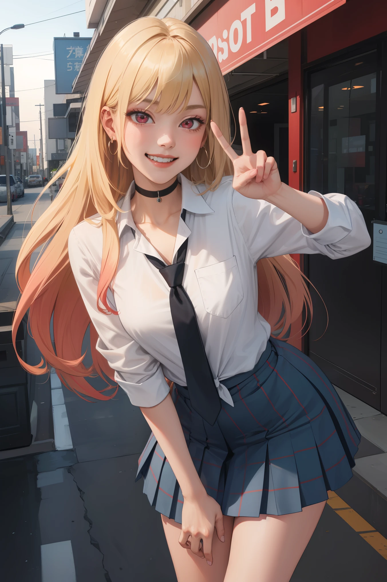 masterpiece, best quality, highres, kitagawa marin, 1girl, blonde hair, long hair, multicolored hair, red eyes, jewelry, earrings, piercing, , white shirt, tied shirt, black choker, blue necktie, plaid skirt, leaning forward, grin, peace sign