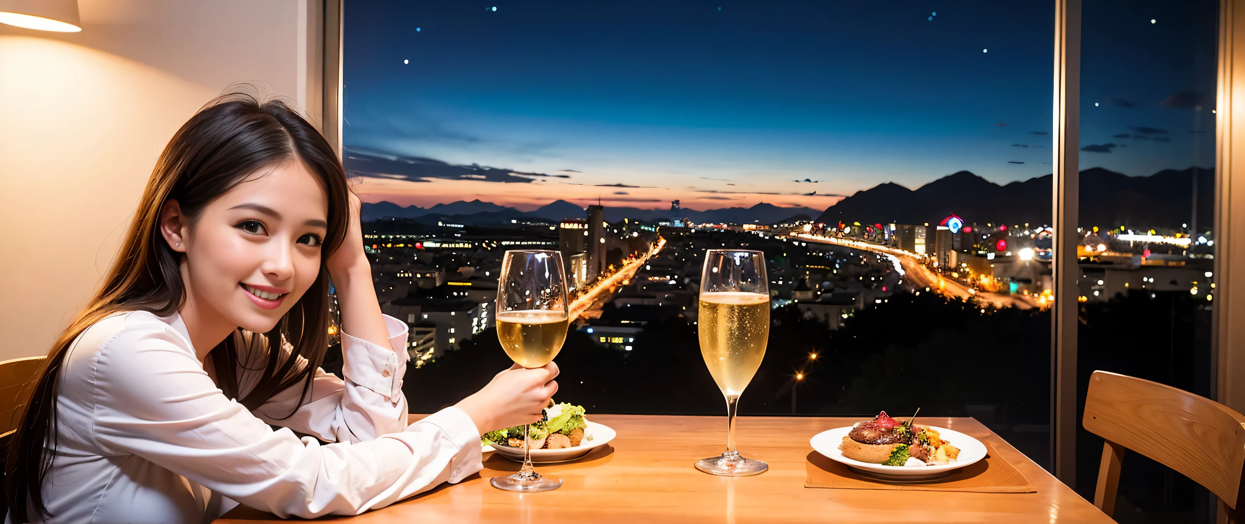 K, Hmm, highest quality, masterpiece: 1.2), (realistic, photorealistic: 1.37), Spectacular view of the sunset sky and clouds、Amazing mountain views、3 slim beauties, (slim face),Happy、 the best smile、Fox face、Berry Short、(because I&#39;thin), (brown hair), (shortcut), long sleeve shirt、winter fashion、Colombian、Brazilian、Japanese、Dutch、German、Portuguese、Belgian、Italian、French,Champagne、sparkling wine、 (Squirting), (slim body), (brown hair), (shortcut), neat beauty、cheeks turn a little red, (35 years old), 38 years old, alone, A beautiful and detailed night view spreads out outside the window......, restaurant, wine glass is sitting, At night, in a prominent place (from the Upper body) nova frog style, actress, model, Upper body, White wine, slim, wine glass, Very beautiful night view, wine glass Put in the Middle, Happy smile, (smile: 1.15), 