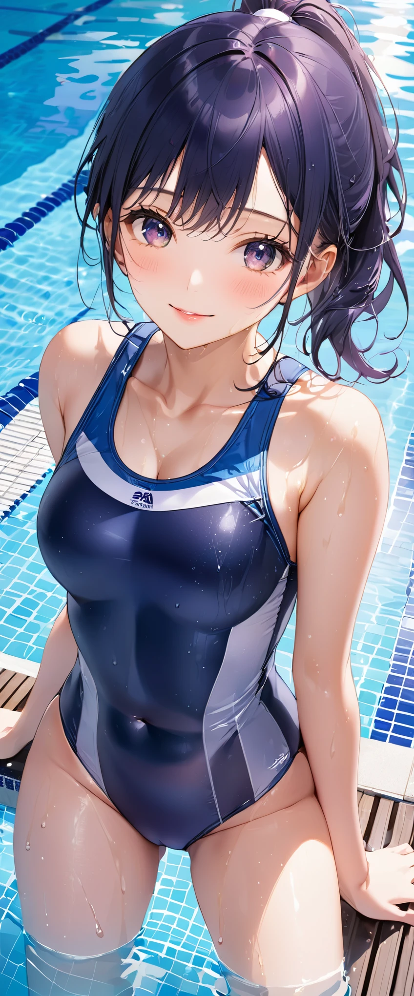 (masterpiece,highest quality,超A high resolution),japanese woman, (((Very beautiful 25 year old girl))), pretty girl、look at the photographer、 ((beautiful low ponytail)), super cute face, glossy lips, double eyelids in both eyes,natural smile、 natural makeup, long eyelashes, Shiny and smooth hair、center image, perfect limbs, perfect anatomy,(((navy blue school swimsuit)))、pool,wet with water