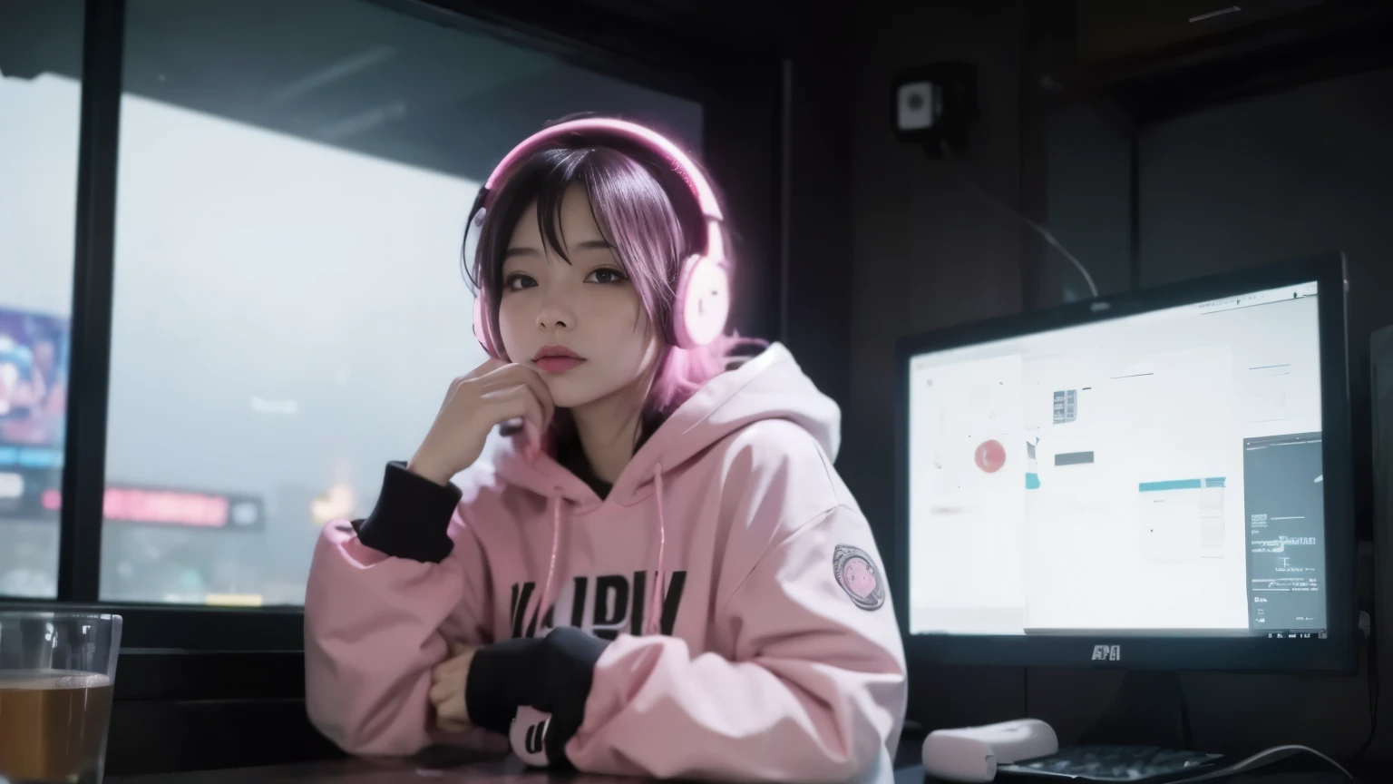 arafed woman with headphones sitting in front of a window, lofi girl, dreamy cyberpunk girl, Cyberpunk anime girl wearing a hoodie, pink headphones, with headphones, e-girl, e girl, with headphones, girl wearing headphones, cyberpunk atmosphere, lofi girl aesthetic, bright cyberpunk glow, It's cyberpunk style, in a cyberpunk style, wearing a gaming headset