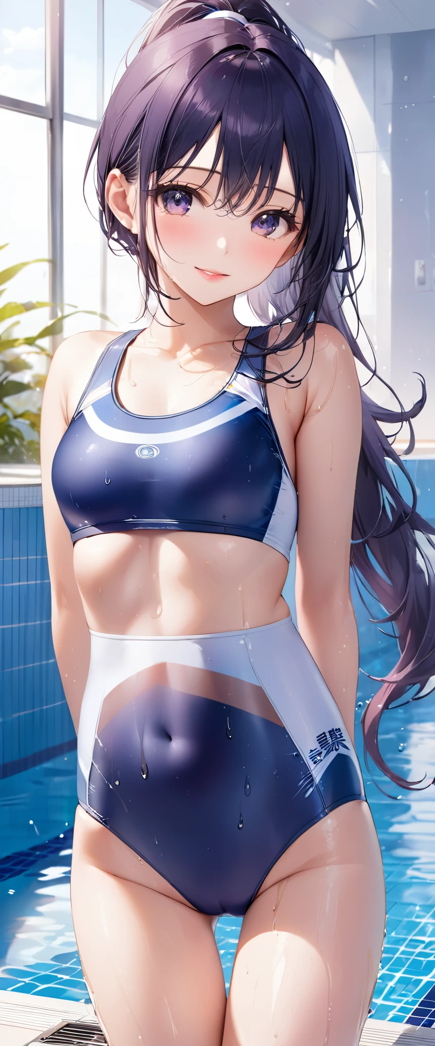 (masterpiece,highest quality,超A high resolution),japanese woman, (((Very beautiful 25 year old girl))), pretty girl、look at the photographer､  ((beautiful low ponytail)), super cute face, glossy lips, double eyelids in both eyes,natural smile、 natural makeup, long eyelashes, Shiny and smooth hair､center image,  perfect limbs, perfect anatomy,(((navy blue school swimsuit)))、pool,wet with water