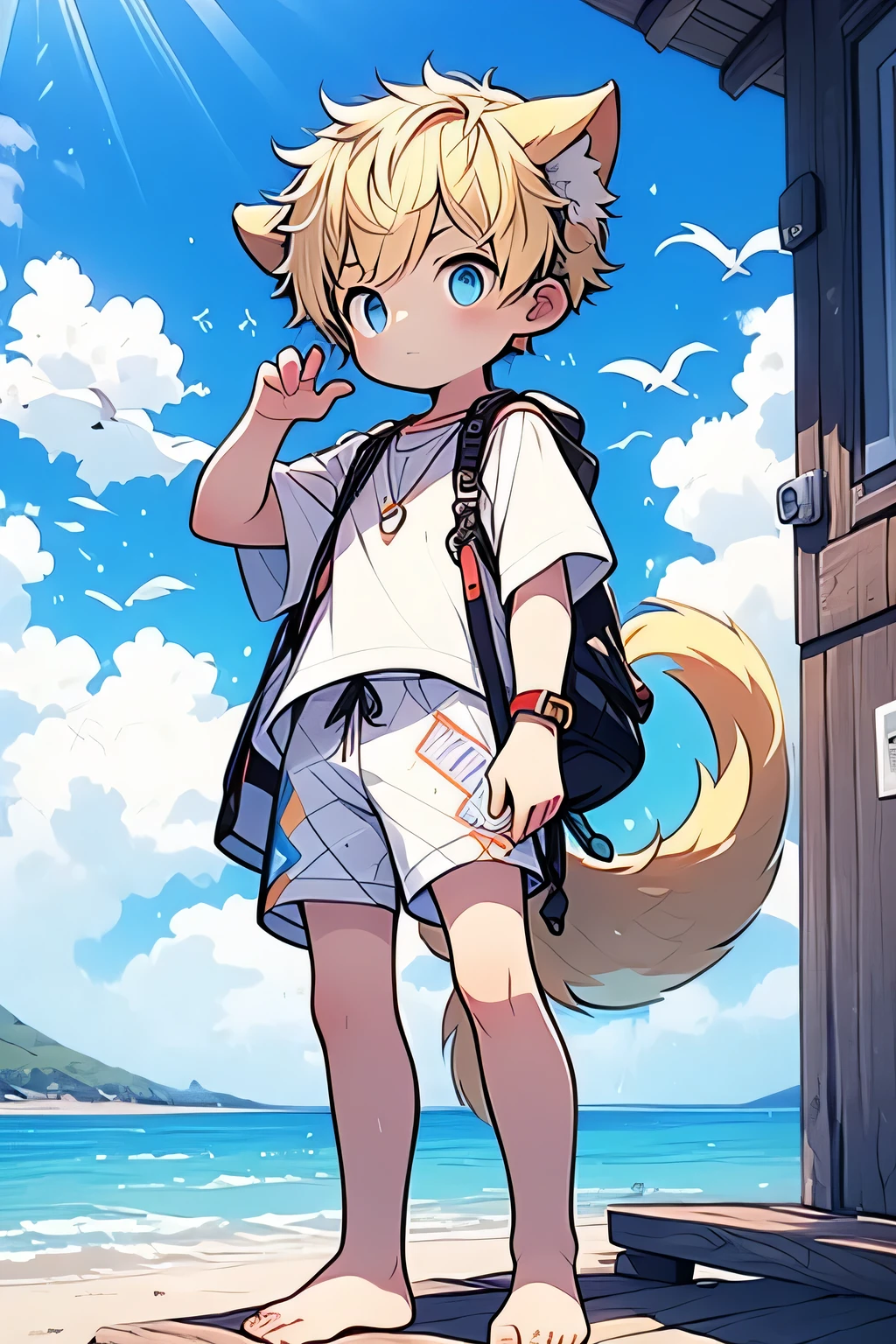 Stylistic image of a  boy standing on a rock by the sea, Concept art by Shi Tao, Popular topics on artstation pixiv, Gurwitz-style artwork, Raphael, Gurwitz, guweiz on artstation pixiv, Young male human Shiba Inu，yellow hair，blue eyes，There is a little white under the tail，close-up photo，Wear casual clothes