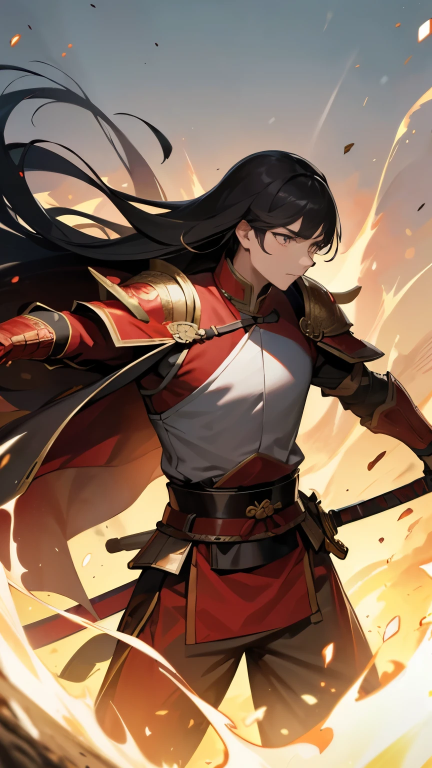 A man holding a sword and wearing the armor of a Qin Dynasty general on the battlefield,No helmet was brought,Ancient style two dimensional long hair man,Three-quarter bangs,Chinese armor,Red clothes and armor,There are blazing flames burning all around,illustration