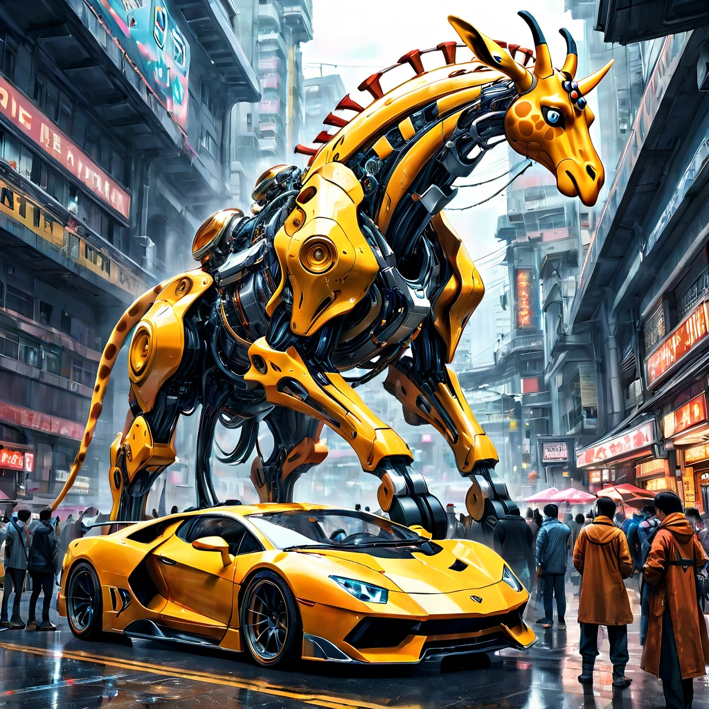 Racing Car, aesthetic, extremely detailed, a futuristic giant racing car shaped like a tall huge mechanical giraffe, people within its body. It uses its mechanical legs to move like a giant robot instead of regular wheels, detailed matte painting, deep color, fantastical, intricate detail, splash screen, complementary colors, fantasy concept art, 8k resolution trending on Artstation Unreal Engine 5