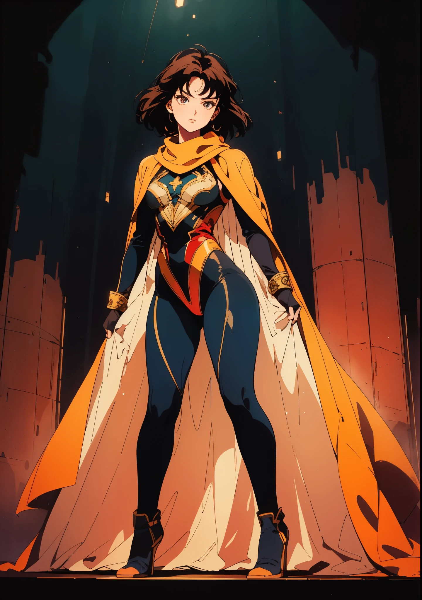 A teenager girl with short brown hair, delicate features, a focused gaze, a determined expression, she has a petite figure akin to a gymnast, adorned with a long flowing cape-like scarf in red and yellow hues, a fantasy-realism-style gymnastics leotard with a long hemline attached, paired with matching leggings, ((black as the main color, complemented by red and yellow accents)), (she poised on a vast stage enveloped in mystery, she emitting a sacred glow in the dim environment), this character embodies a finely crafted fantasy-realism-style dancer in anime style, exquisite and mature manga art style, perfect body, porcelain skin, high definition, best quality, highres, ultra-detailed, ultra-fine painting, extremely delicate, professional, anatomically correct, symmetrical face, extremely detailed eyes and face, high quality eyes, creativity, RAW photo, UHD, 32k, Natural light, cinematic, masterpiece-anatomy-perfect, masterpiece:1.5