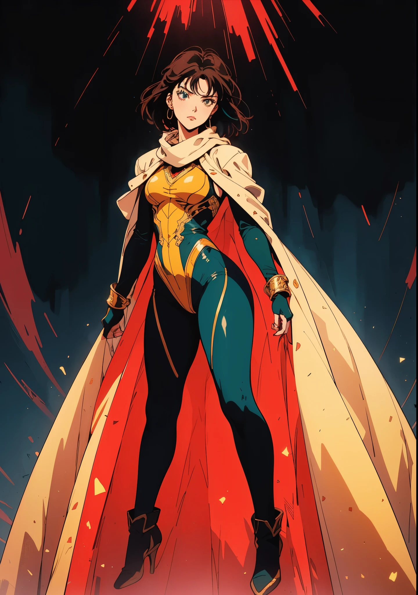 A teenager girl with short brown hair, delicate features, a focused gaze, a determined expression, she has a petite figure akin to a gymnast, adorned with a long flowing cape-like scarf in red and yellow hues, a fantasy-realism-style gymnastics leotard with a long hemline attached, paired with matching leggings, ((black as the main color, complemented by red and yellow accents)), (she poised on a vast stage enveloped in mystery, she emitting a sacred glow in the dim environment), this character embodies a finely crafted fantasy-realism-style dancer in anime style, exquisite and mature manga art style, perfect body, porcelain skin, high definition, best quality, highres, ultra-detailed, ultra-fine painting, extremely delicate, professional, anatomically correct, symmetrical face, extremely detailed eyes and face, high quality eyes, creativity, RAW photo, UHD, 32k, Natural light, cinematic, masterpiece-anatomy-perfect, masterpiece:1.5